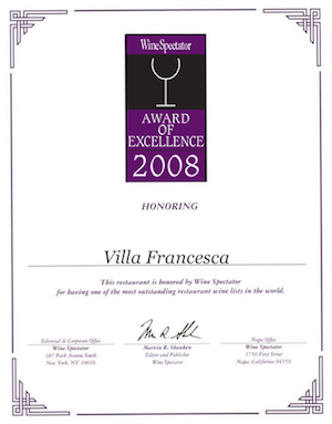 Villa Francesca - Wine Enthusiastic - Award Of Excellence 2008