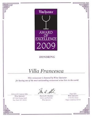 Villa Francesca - Wine Enthusiastic - Award Of Excellence 2009
