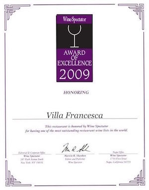 Villa Francesca - Wine Enthusiastic - Award Of Excellence 2009