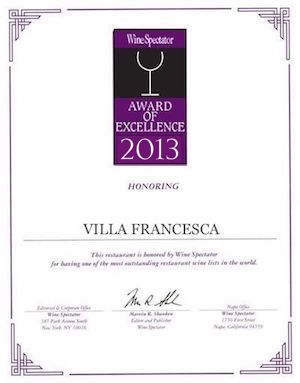 Villa Francesca - Wine Enthusiastic - Award Of Excellence 2013