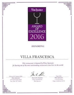Villa Francesca - Wine Enthusiastic - Award Of Excellence 2016